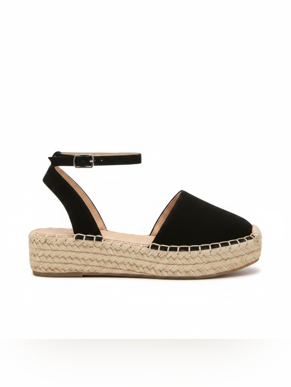 Soda black espadrille wedge sandals ankle strap buckle, size 7.5